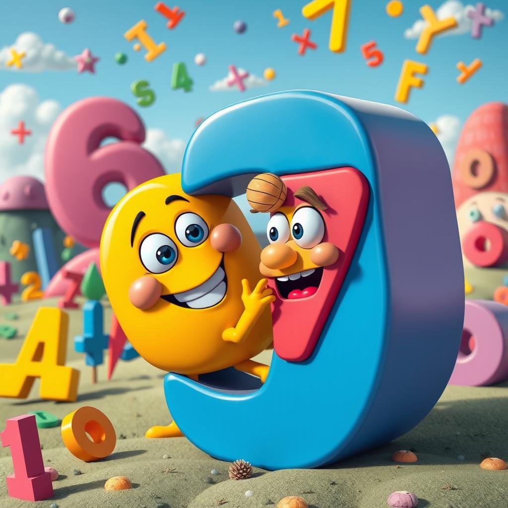 A surreal scene depicting a whimsical interplay of numbers: a large number 6 squeezing itself into a smaller number 7, both characters brightly colored with cartoonish features