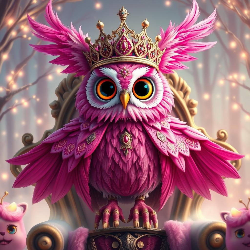 A whimsical and majestic pink humanoid owl king, adorned with an elaborate feathered crown and regal cloak made of vibrant pink and silver hues