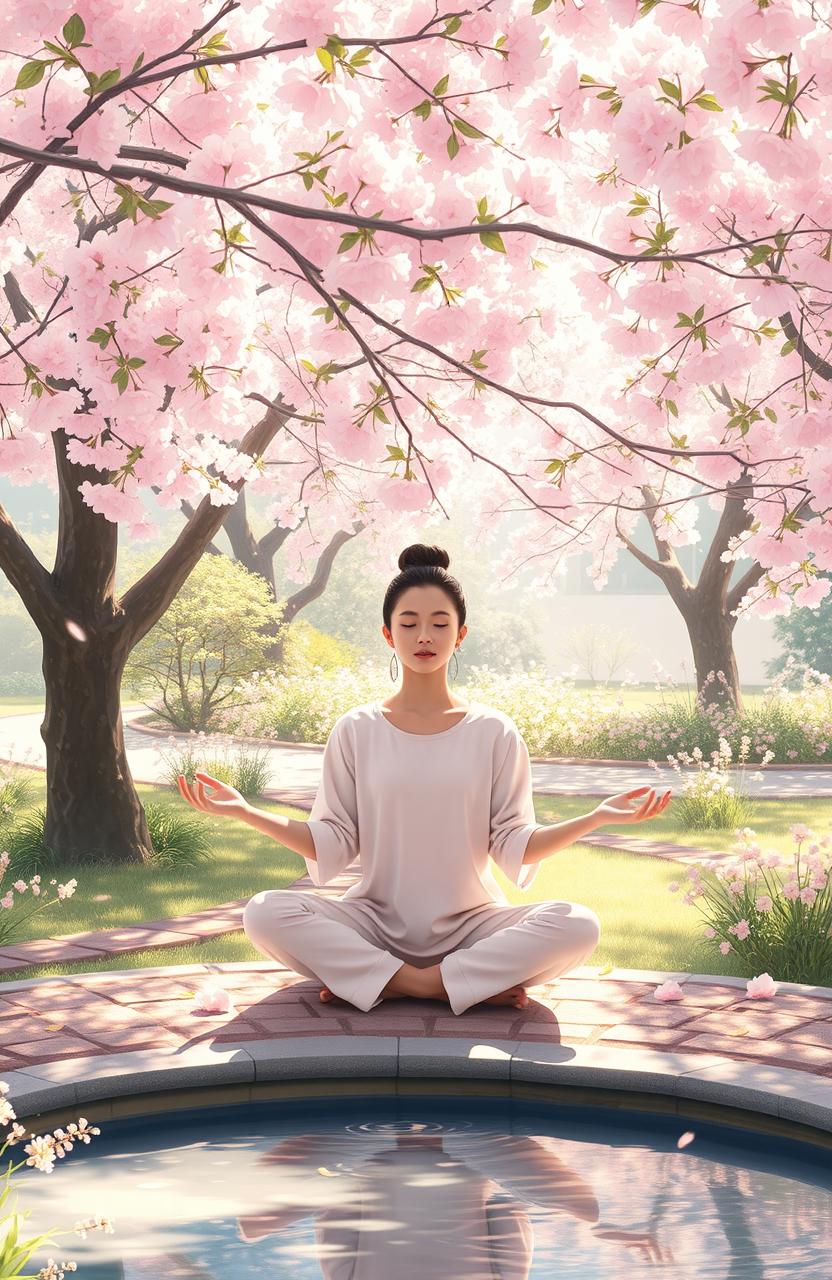 A serene self-reflective scene depicting a person sitting in a peaceful garden, meditating under a gentle canopy of cherry blossom trees
