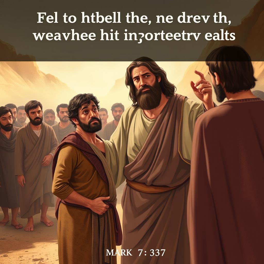 A visual representation of a biblical scene illustrating the healing of a man with a speech impediment, based on Mark 7:31-37