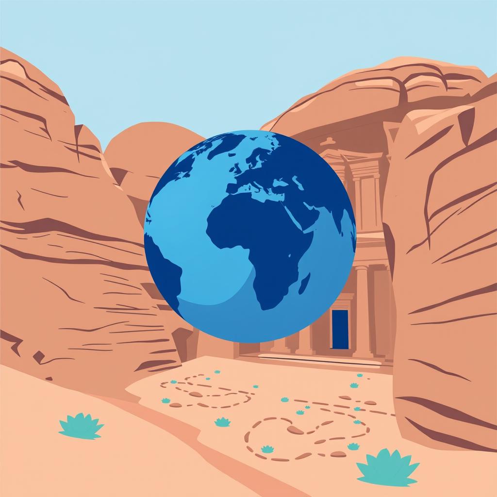 A simplified illustration of Petra, showcasing its iconic rock-cut architecture with the Earth globe incorporated into the scene, predominantly featuring a blue color palette