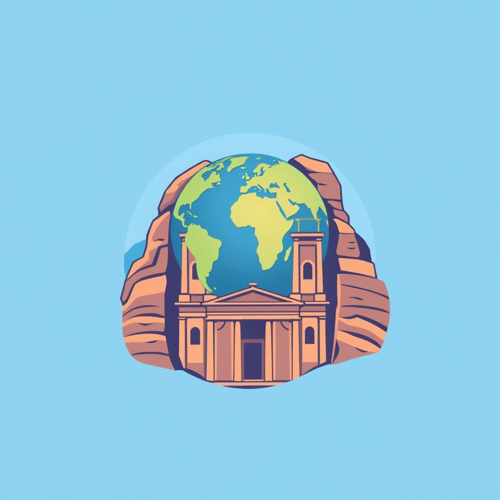A simplified illustration of Petra, featuring its famous rock-cut monuments with the Earth globe creatively positioned inside the historical site