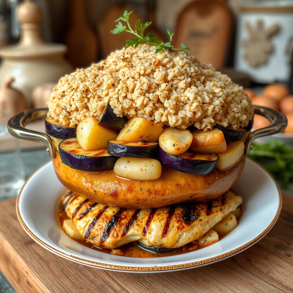 A stunning side view of a traditional Mqlouba dish, beautifully presented