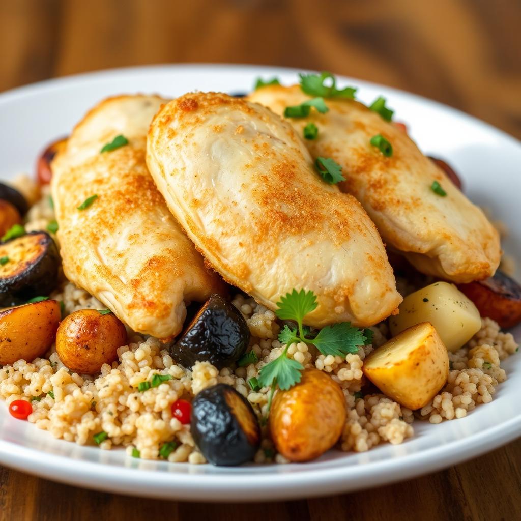A side view of a beautifully presented plate featuring cooked bulgur wheat with assorted vegetables including grilled eggplant, roasted potatoes, and cauliflower