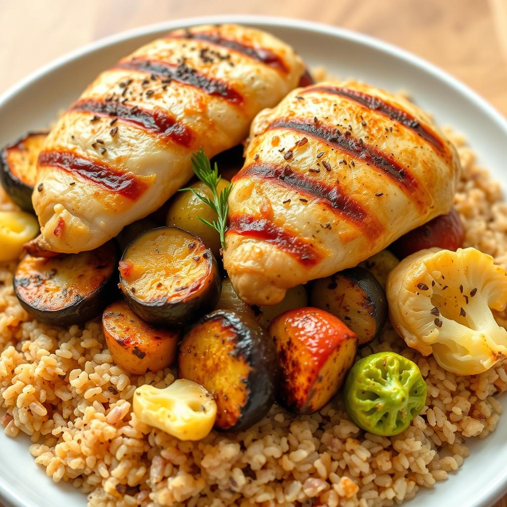 A side view of a plate filled with cooked bulgur wheat topped with grilled vegetable slices including eggplant, potatoes, and cauliflower, all beautifully arranged