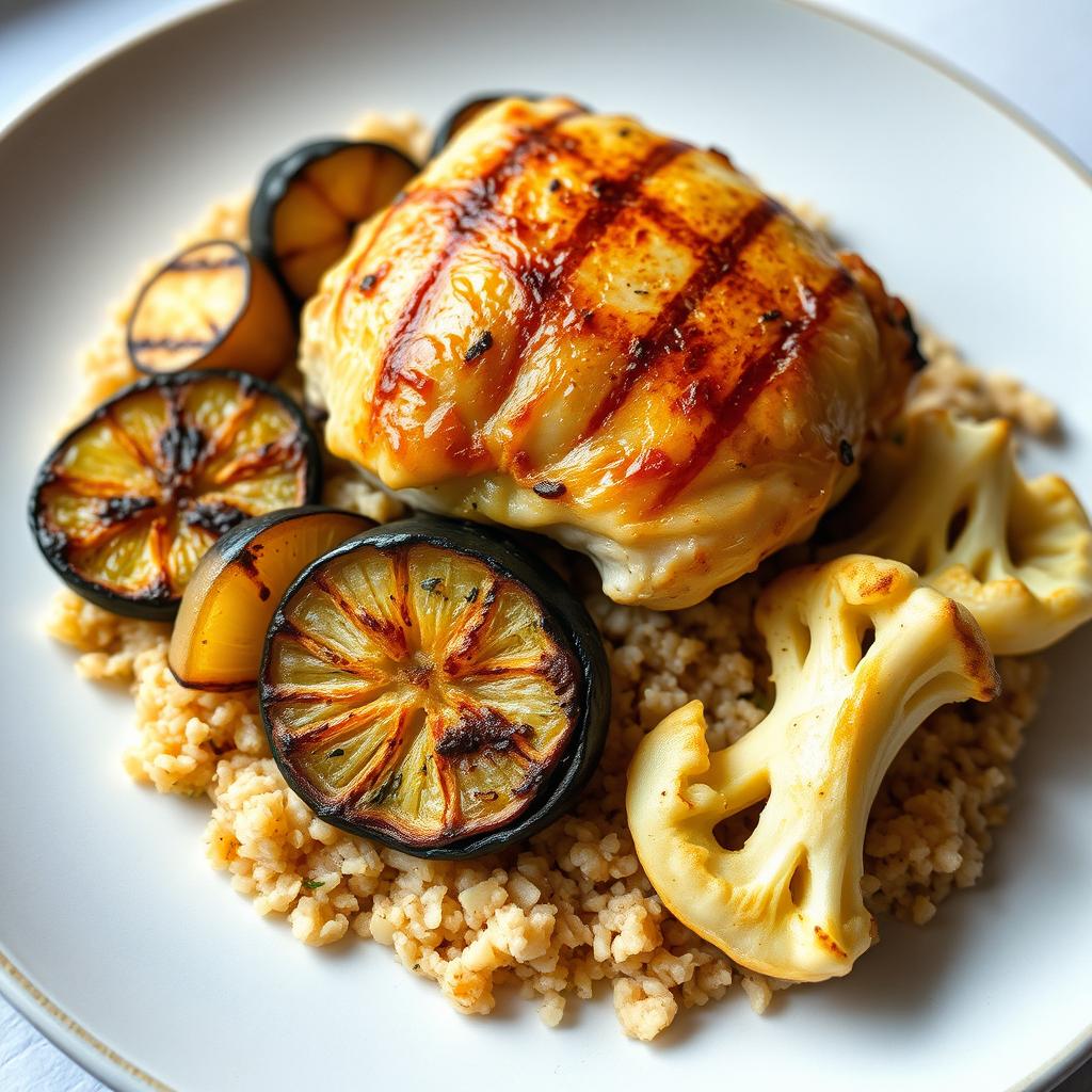 A side view of a plate featuring cooked bulgur wheat topped with perfectly grilled slices of vegetables including eggplant, potato, and cauliflower