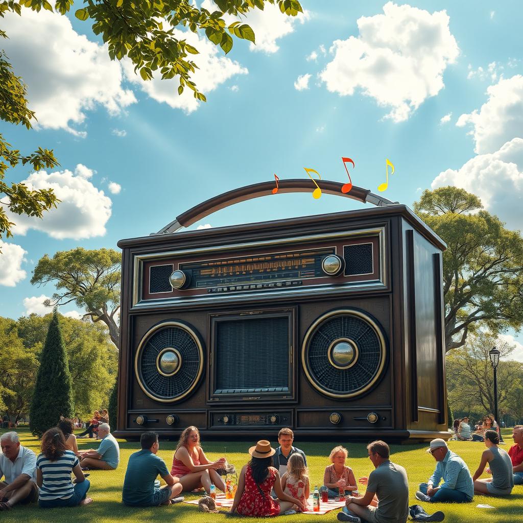 A giant vintage radio, intricately detailed, with a classic design featuring wooden accents and glowing dials