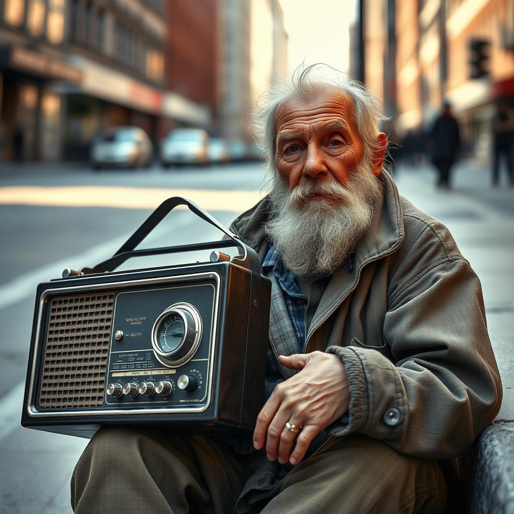 An old bearded homeless man sitting on the sidewalk, holding a giant vintage radio