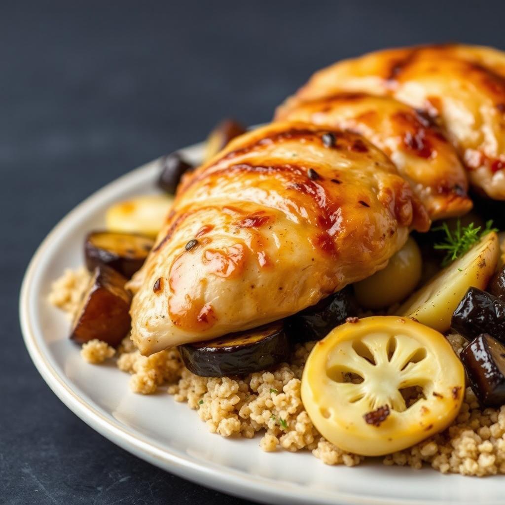 A side view of a beautifully plated dish featuring cooked bulgur wheat topped with perfectly grilled and sliced vegetables including eggplant, potatoes, and cauliflower
