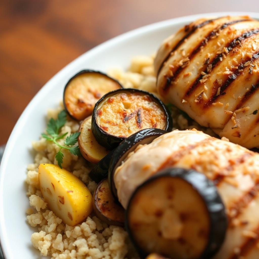 A side view of a plate filled with cooked bulgur, topped with grilled slices of vegetables including eggplant, potatoes, and cauliflower, beautifully arranged