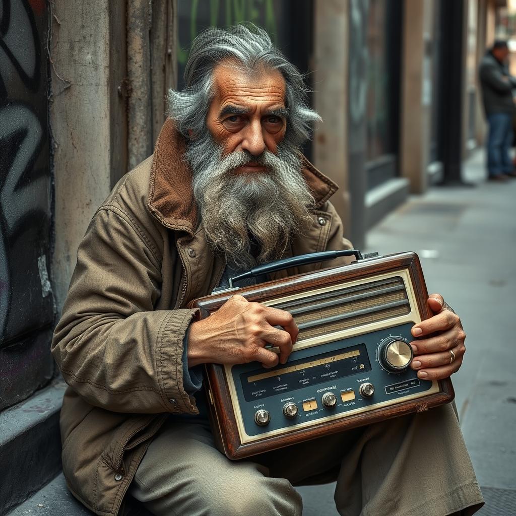 An old bearded homeless man with deep wrinkles and weathered skin, dressed in layered, worn clothes, sitting on a city sidewalk