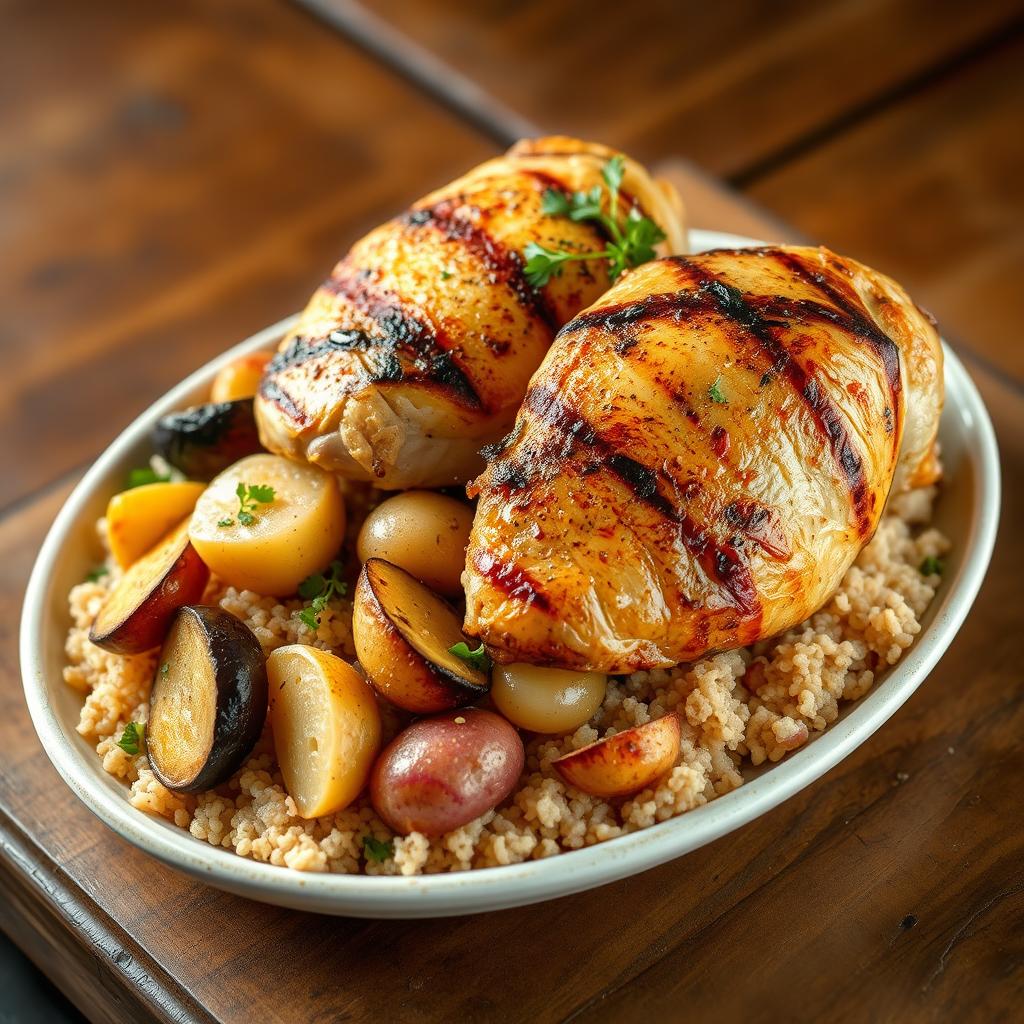 A beautifully arranged side view of a dish featuring freshly cooked bulgur wheat topped with grilled slices of vegetables including eggplant, potatoes, and cauliflower