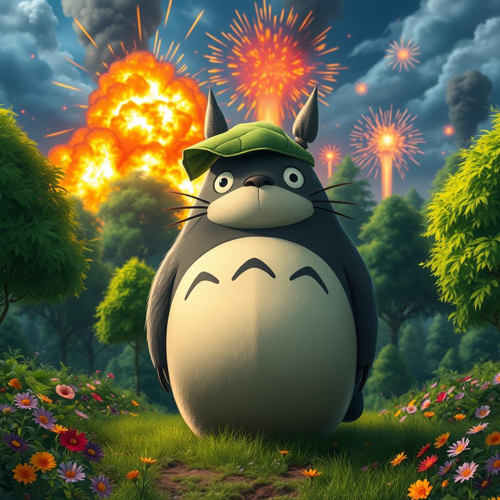 A whimsical and enchanting scene of Totoro standing proudly in a lush forest, surrounded by vibrant green trees and colorful flowers