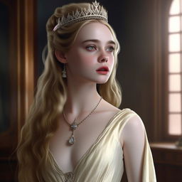 A realistic 4K HD image of a beautiful young woman with a femme fatale aura, dressed in 19th century Regency-core style. Capturing pale skin, blonde-brown hair falling onto her shoulders, wearing a bright white long dress, tiara and jewelry, resembling Elle Fanning.