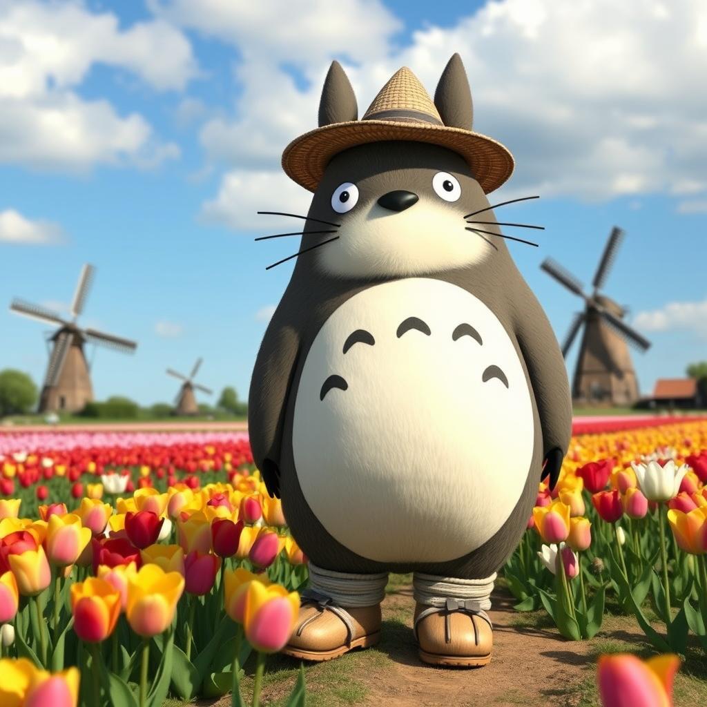 A whimsical and enchanting Totoro character dressed in traditional Dutch attire, complete with wooden shoes (klompen) and a classic Dutch hat (strohoed)
