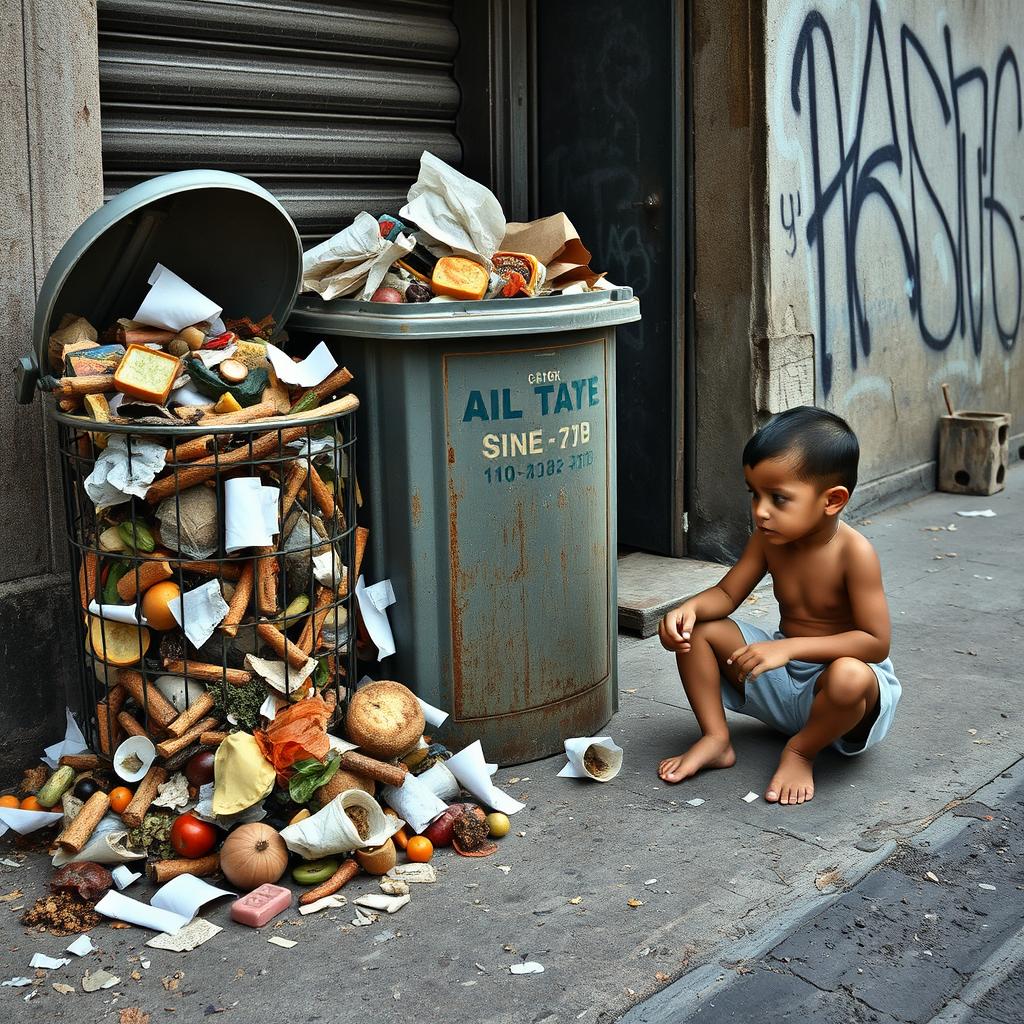 A striking scene depicting an overflowing trash bin next to a man carelessly discarding food