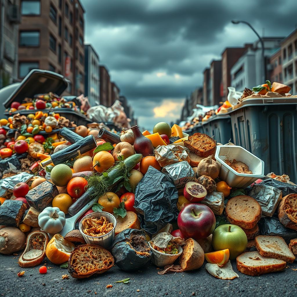 A visually striking representation of food waste, showcasing a vibrant array of discarded food items, such as rotting fruits and vegetables, half-eaten meals, and spoiled bread