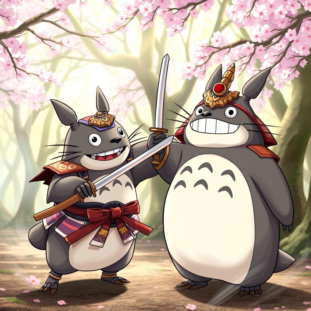 Two adorable Totoro characters engaging in a playful duel, dressed in colorful and intricately designed samurai outfits with traditional armor and decorative details