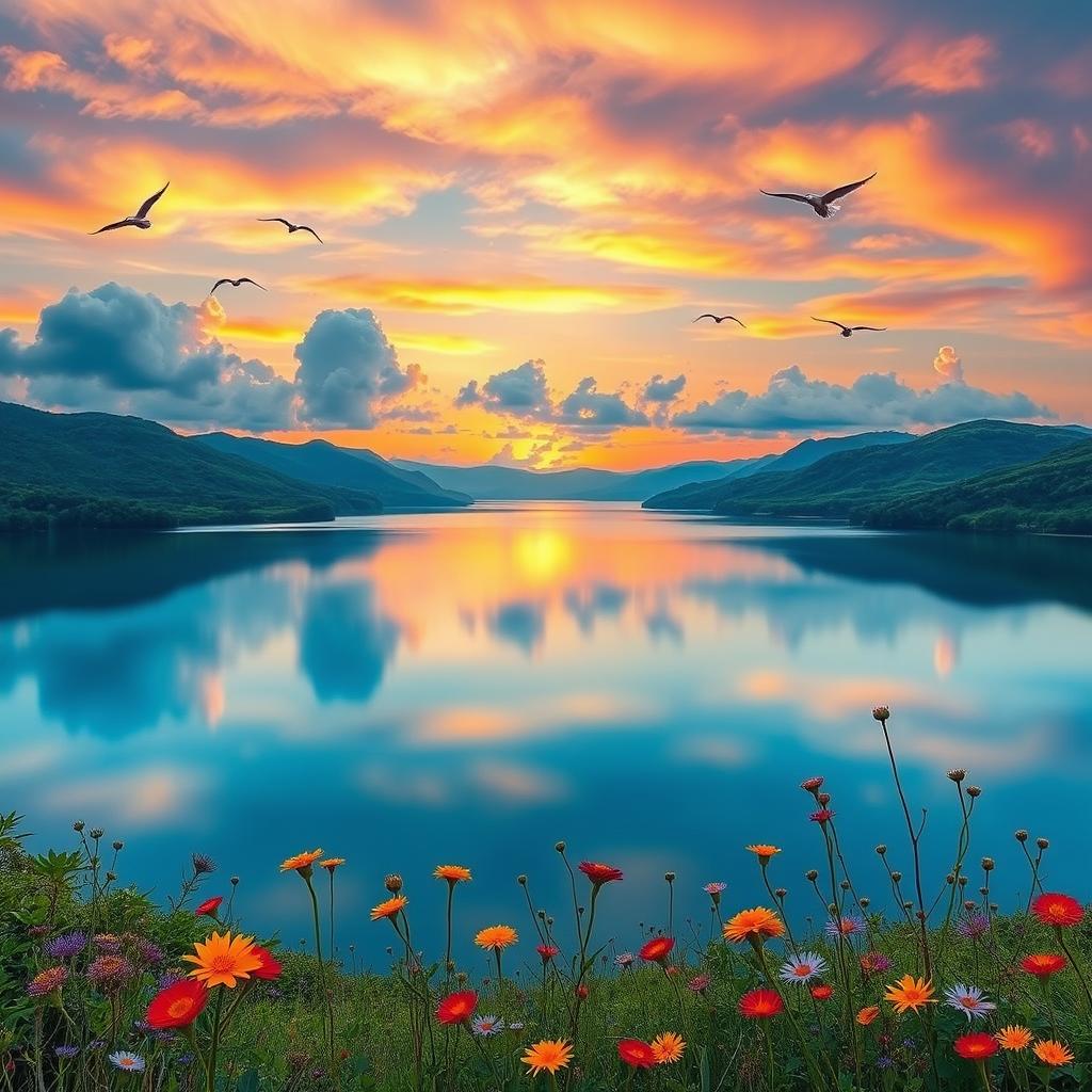 A serene landscape featuring a tranquil lake surrounded by verdant hills, reflecting the colorful hues of a sunset in the sky