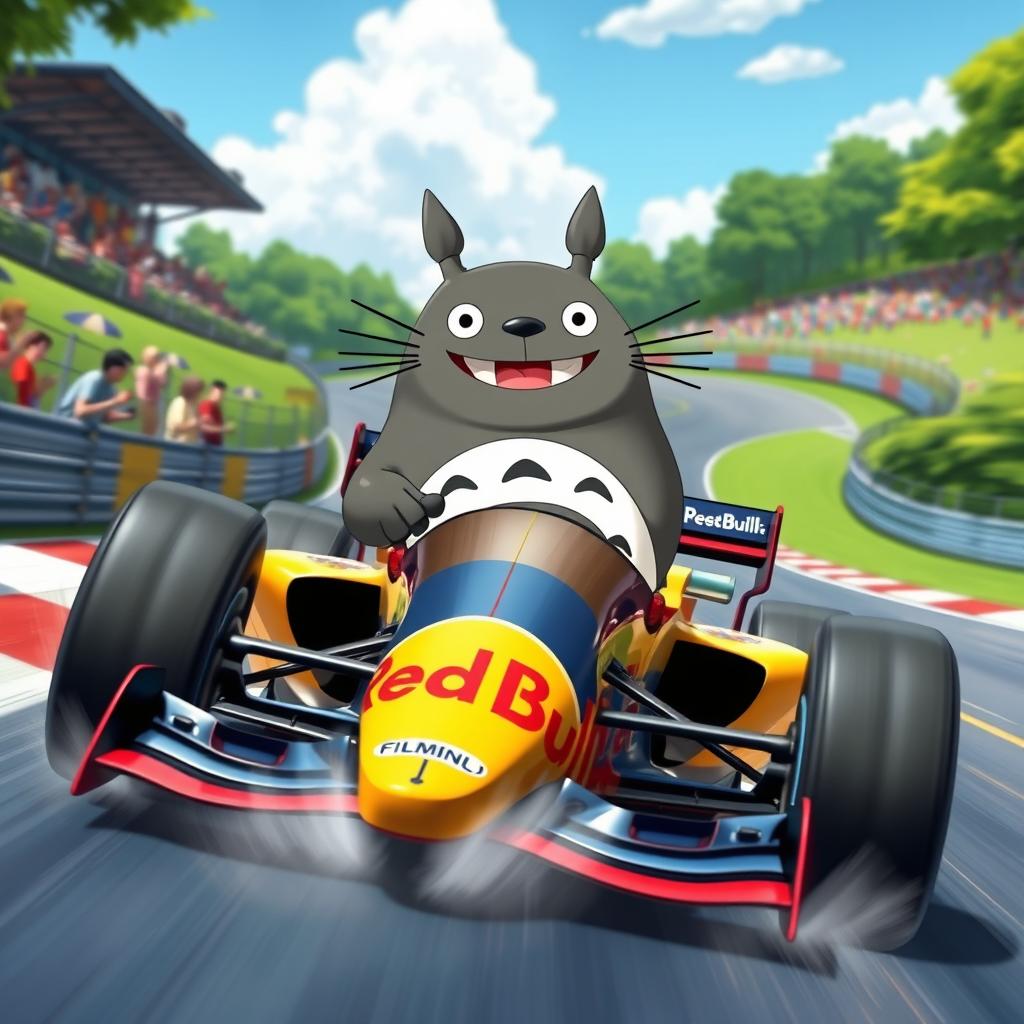 A whimsical scene featuring Totoro, the beloved forest spirit from Studio Ghibli, joyfully racing in a sleek Red Bull Formula 1 car on a vibrant racetrack