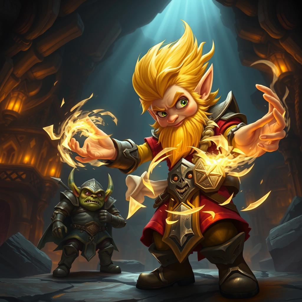 A dramatic fantasy scene depicting a gnome mage with vibrant blonde hair casting a powerful spell during the liberation of Undermine raid