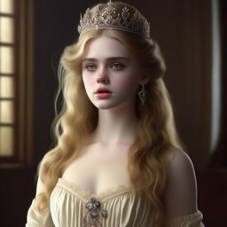 A realistic 4K HD image of a beautiful young woman with a femme fatale aura, dressed in 19th century Regency-core style. Capturing pale skin, blonde-brown hair falling onto her shoulders, wearing a bright white long dress, tiara and jewelry, resembling Elle Fanning.