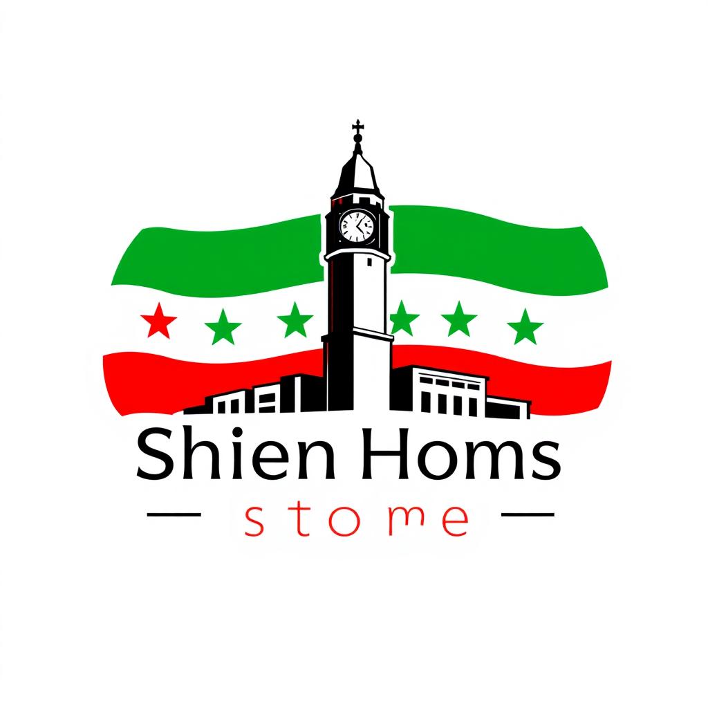 A logo design for 'Shien Homs Store' featuring a stylized representation of the Homs clock tower, symbolizing the city of Homs
