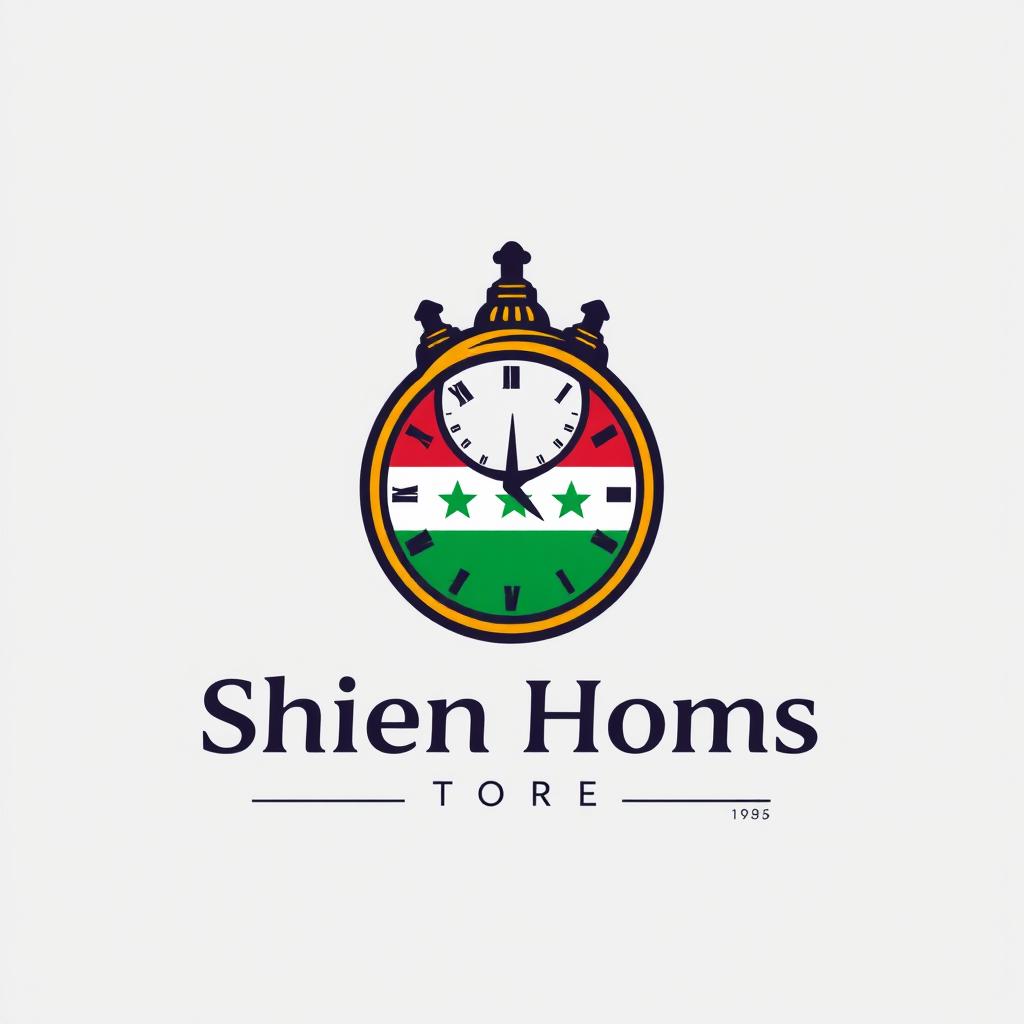A logo design for 'Shien Homs Store' featuring a prominent clock that symbolizes the city of Homs, integrated with the Syrian Revolution flag