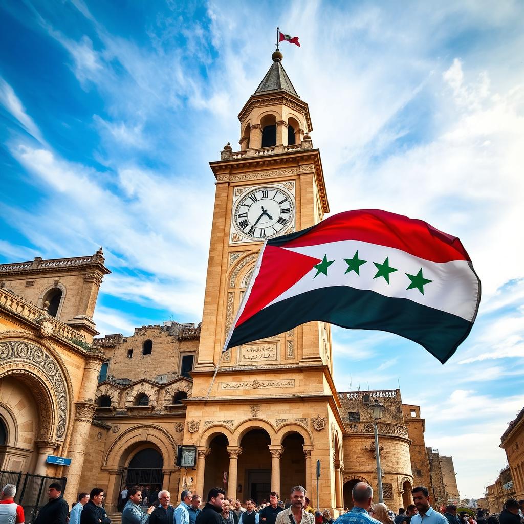 A striking image of the ancient clock tower in Homs, Syria, prominently featuring the national flag of the Syrian revolution