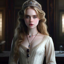 A realistic 4K HD image of a beautiful young woman with a femme fatale aura, dressed in 19th century Regency-core style. Capturing pale skin, blonde-brown hair falling onto her shoulders, wearing a bright white long dress, tiara and jewelry, resembling Elle Fanning.