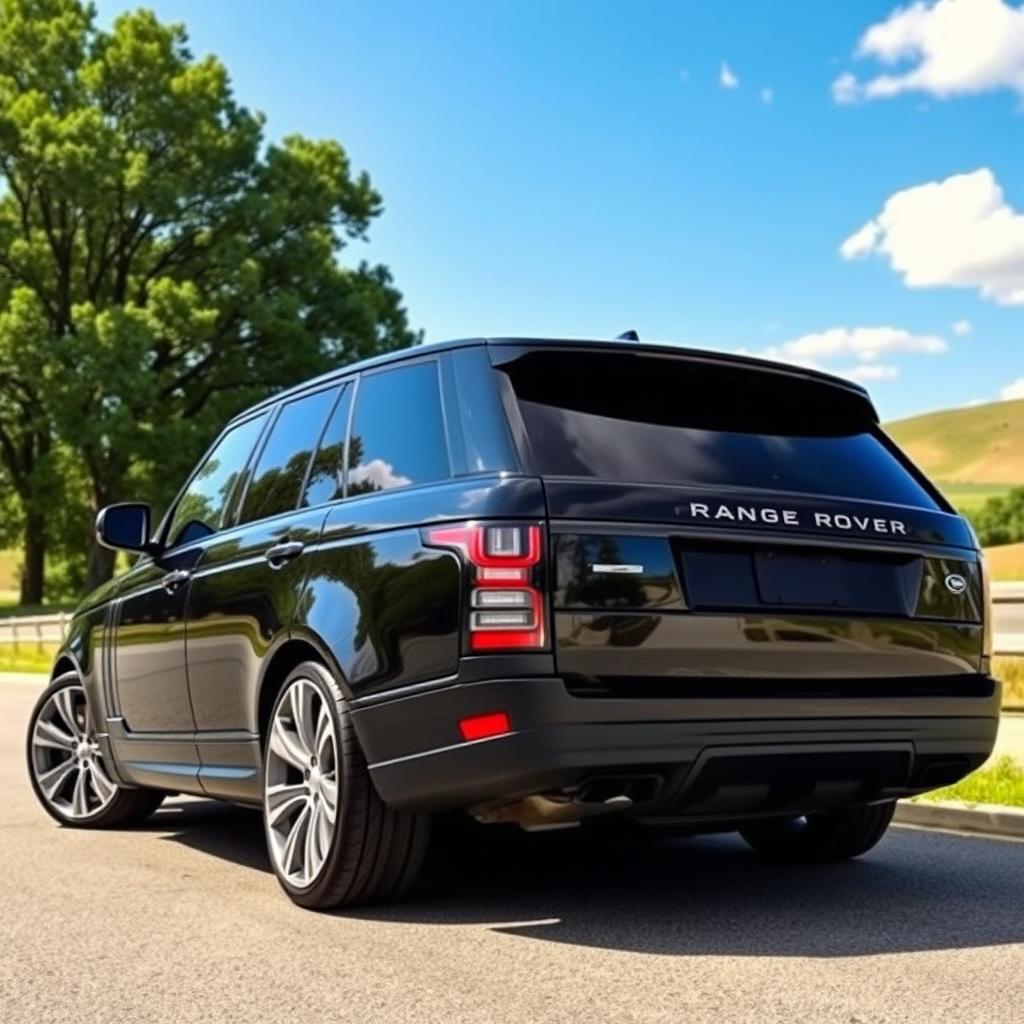 A sleek, black Range Rover with its rear end lowered, showcasing a unique stance