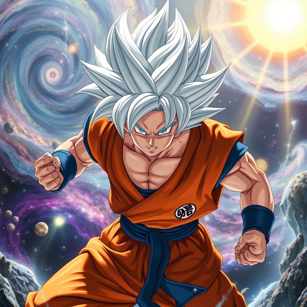 An ultra instinct Goku, depicted in an epic battle stance, showcasing his silver hair glowing with energy and intense eyes