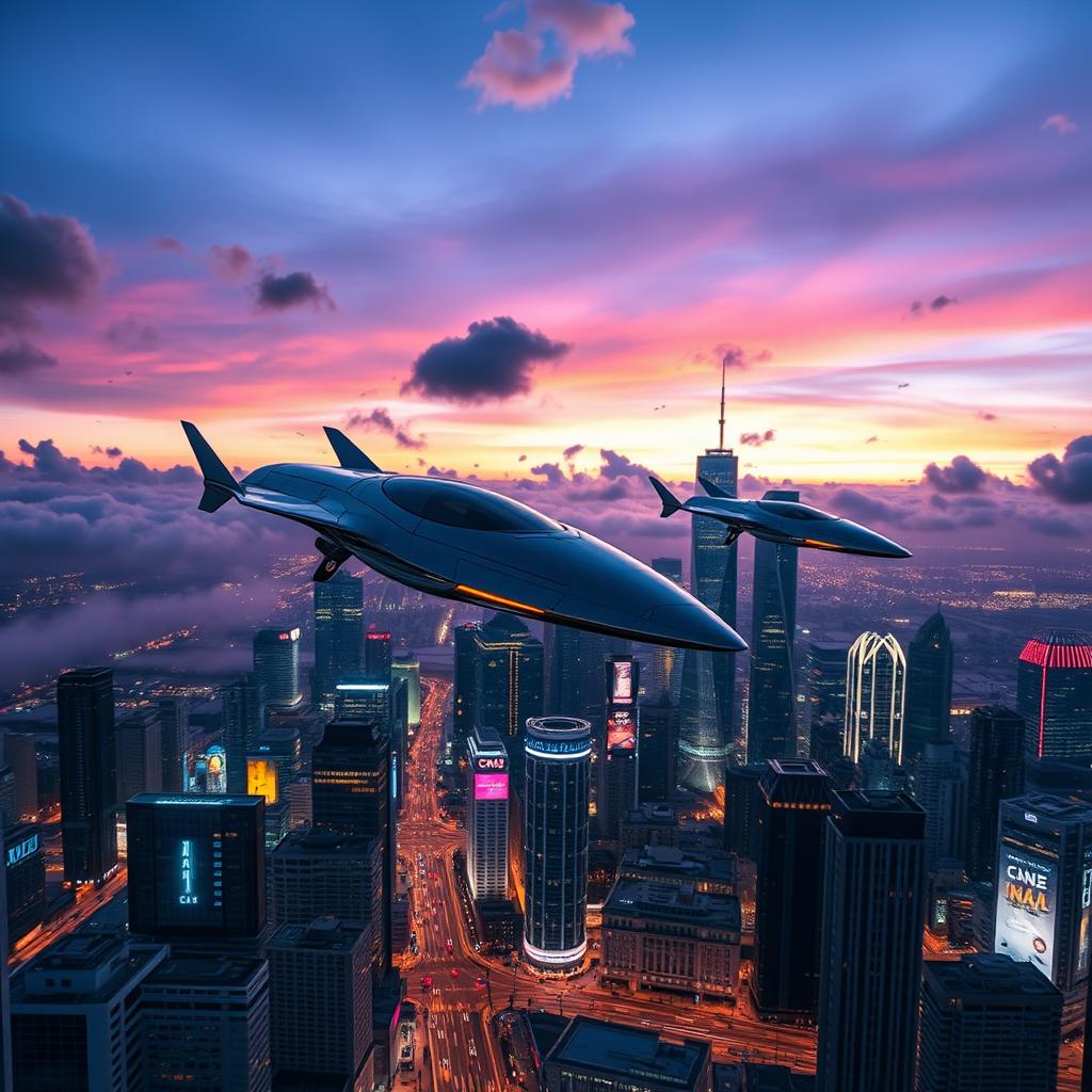 A futuristic futuristic scene featuring two CN2 MVP (Multi-Variable Parameter) vehicles flying high above a sleek, ultra-modern city skyline