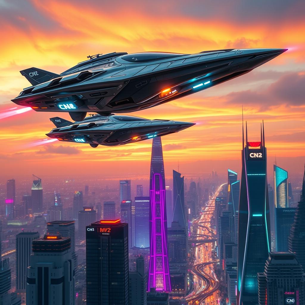 A dynamic portrayal of two CN2 MVP (Multi-Variable Parameter) vehicles soaring above a vibrant futuristic city