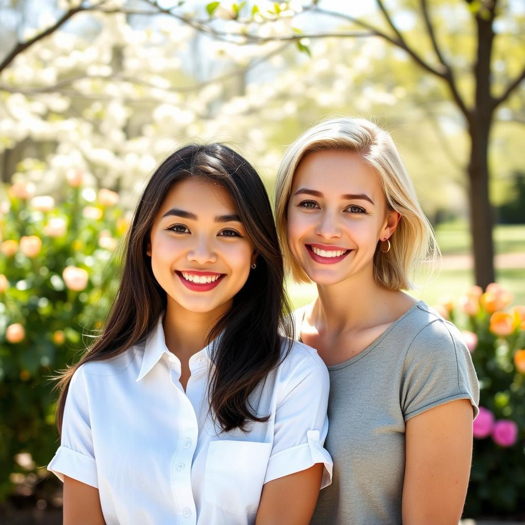 A seamless integration of two portraits: one of a young woman with long, dark hair and bright, cheerful features, and the other of a young woman with short, light-colored hair, both smiling and posing together in a sunlit outdoor setting