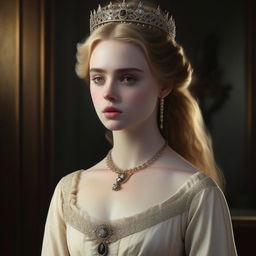 A realistic 4K HD image of a beautiful young woman with a femme fatale aura, dressed in 19th century Regency-core style. Capturing pale skin, blonde-brown hair falling onto her shoulders, wearing a bright white long dress, tiara and jewelry, resembling Elle Fanning.