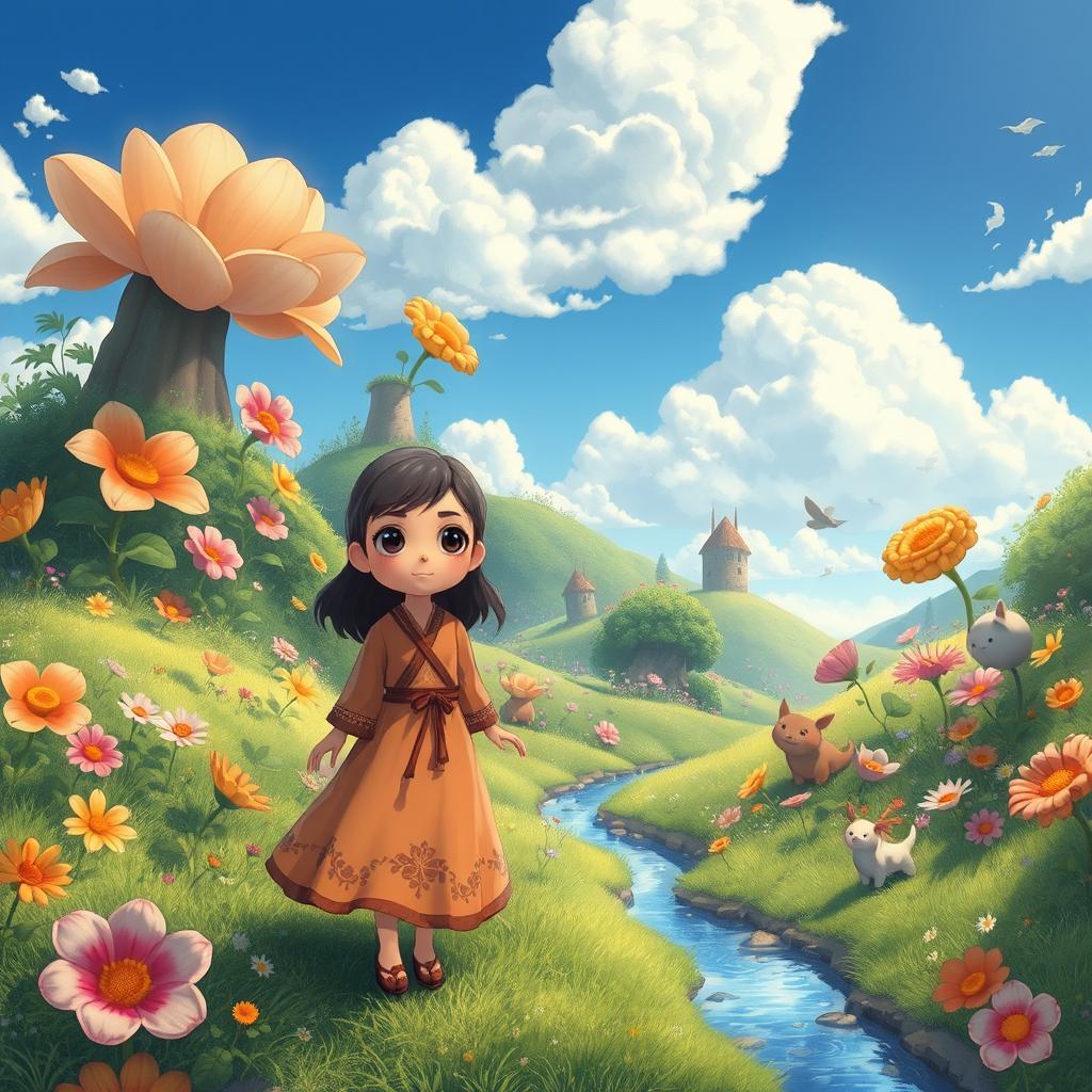 A whimsical and enchanting scene in the style of Studio Ghibli, featuring lush, vibrant landscapes filled with oversized flowers, fantastical creatures, and gentle, winding streams