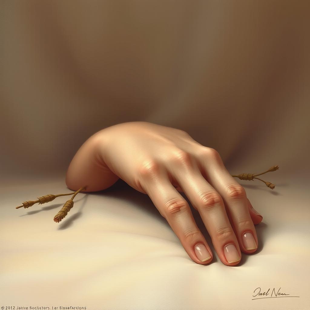 A detailed and realistic depiction of a hand gently resting on a surface, showcasing the intricate details of the skin, the elegance of the fingers, and the overall composition that highlights the beauty of the human form