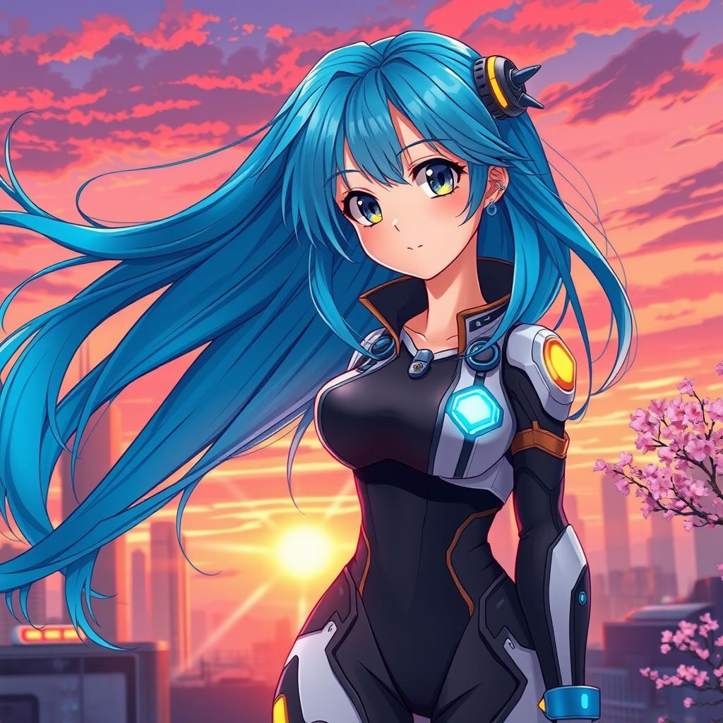 A vibrant anime-style character full-body portrait of a young woman with long flowing blue hair, wearing a futuristic, high-tech outfit with glowing accents