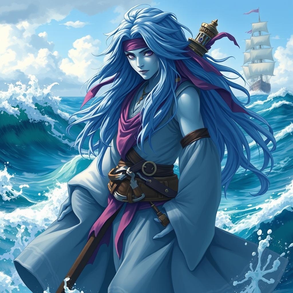 A water genasi pirate with long flowing blue hair, pale blue skin that has a hint of lavender