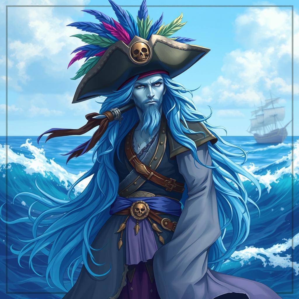 A water genasi pirate with long, flowing blue hair that resembles cascading water, featuring a pale blue skin tone with a hint of lavender