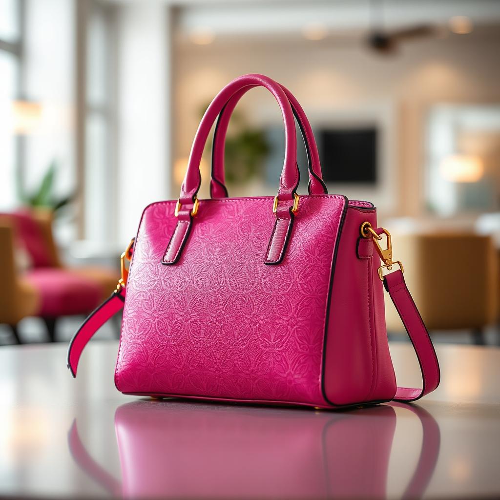 A stylish handbag in vibrant pink color, beautifully designed with intricate patterns, featuring elegant golden hardware and a comfortable strap