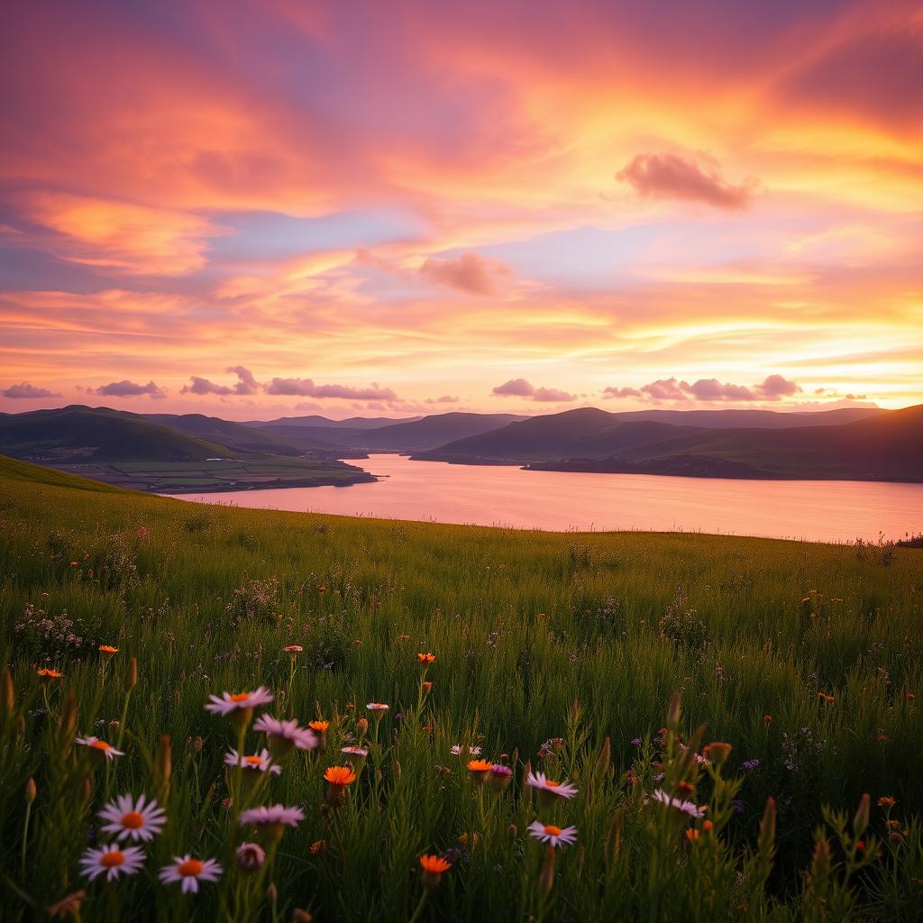 A realistic photograph of a serene landscape during sunset, capturing vibrant colors in the sky with hues of orange, pink, and purple blending together