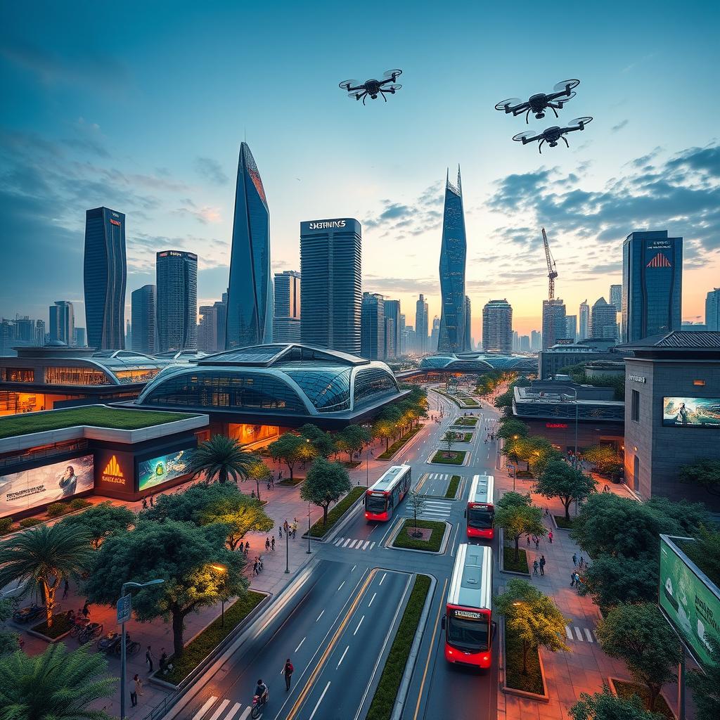 A futuristic smart city skyline at dusk, featuring sleek skyscrapers with solar panels and green rooftops, interconnected by efficient public transportation systems like autonomous buses and trams