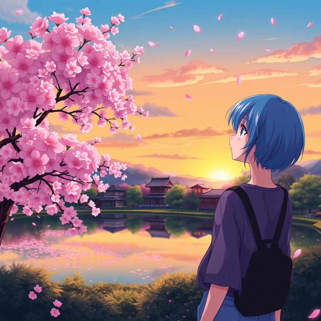 A vibrant anime landscape featuring a cherry blossom tree in full bloom, a serene pond reflecting the delicate pink petals falling gently onto the water, and a distant view of traditional Japanese architecture