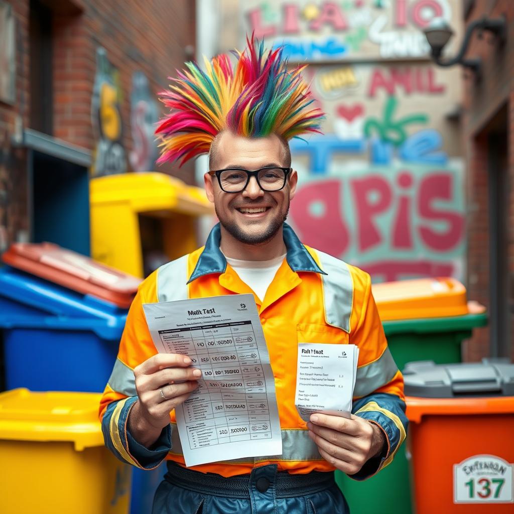 A vibrant and colorful scene featuring a charismatic garbage man with a striking rainbow Mohawk hairstyle, wearing a bright uniform with reflective strips