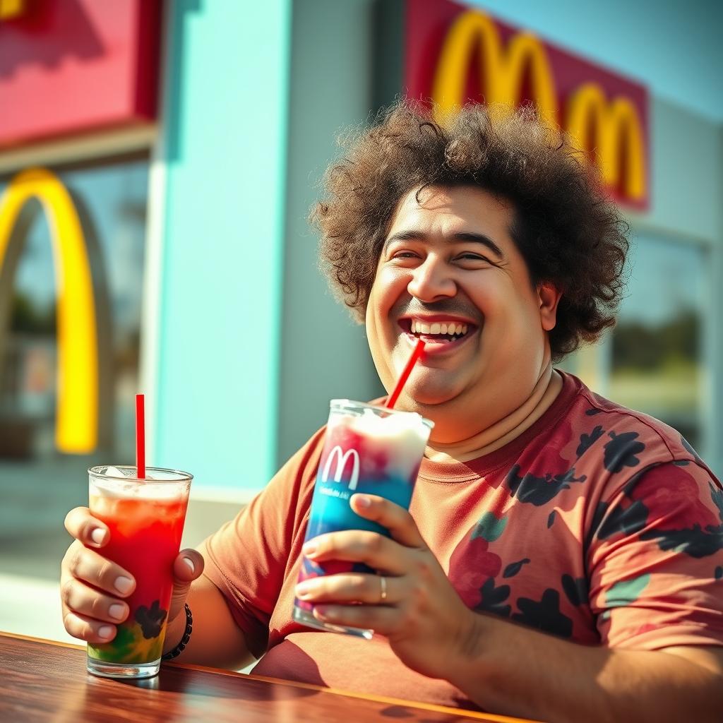 A jovial, overweight man with fluffy, curly hair is sitting at a table outside a McDonald's