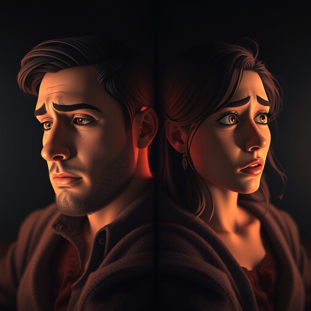 A hyper-realistic animated image depicting a couple in their early 30s reflecting two different timelines