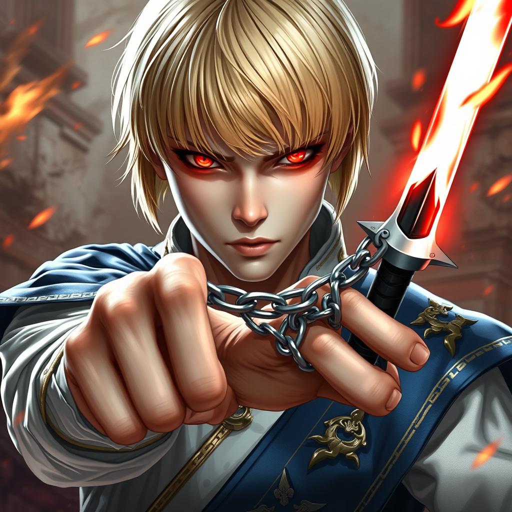 A young, androgynous man with pale skin depicting intense red glowing eyes, styled in a straight bob cut with bangs, showcasing his striking blonde hair