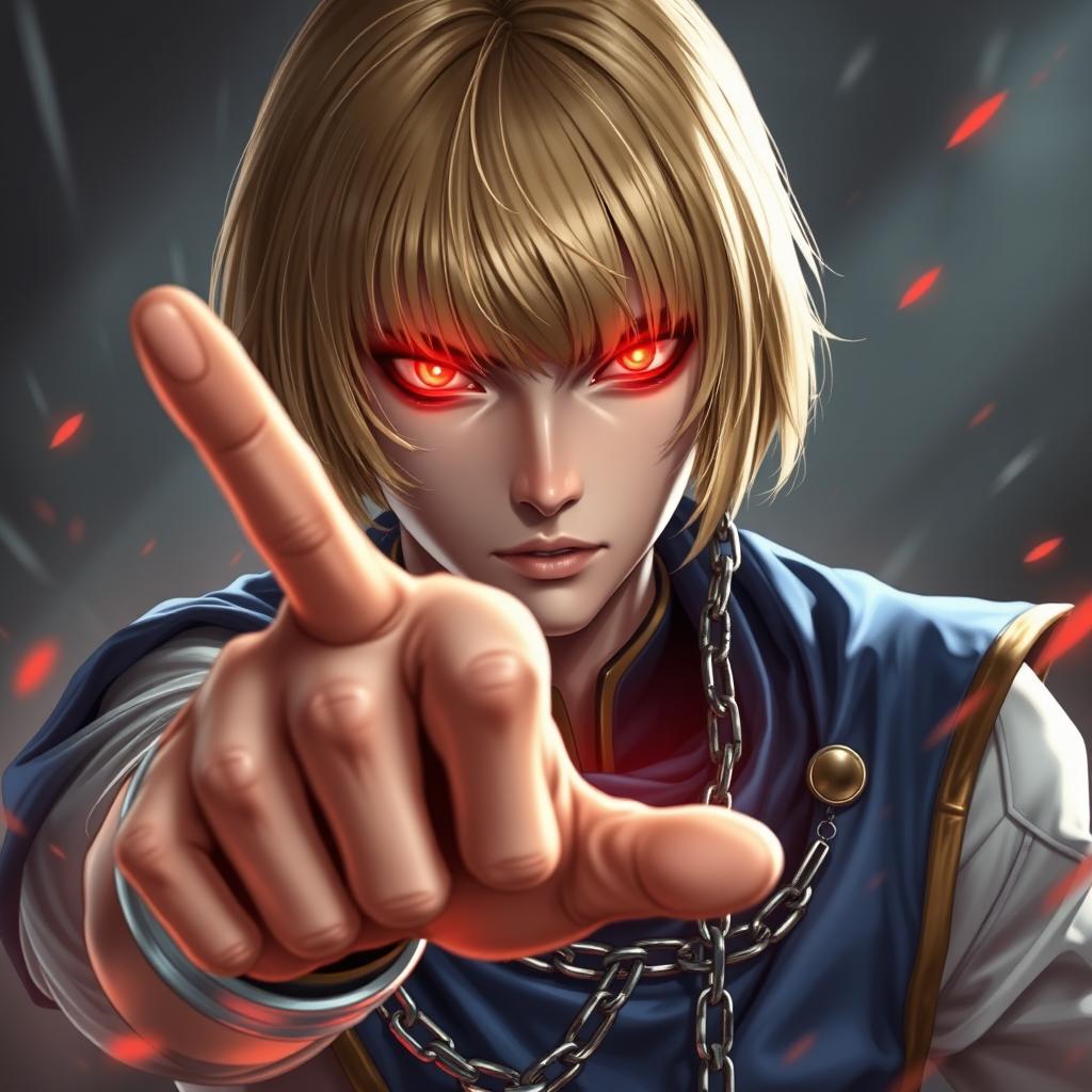 A young androgynous man with pale skin and intense scarlet glowing eyes, featuring a straight bob haircut with bangs in blonde